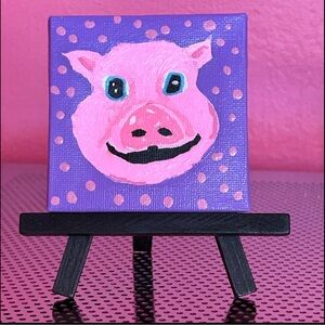 Original Pink Pig(Piglet) With Purple Background Acrylic Painting W/ Easel